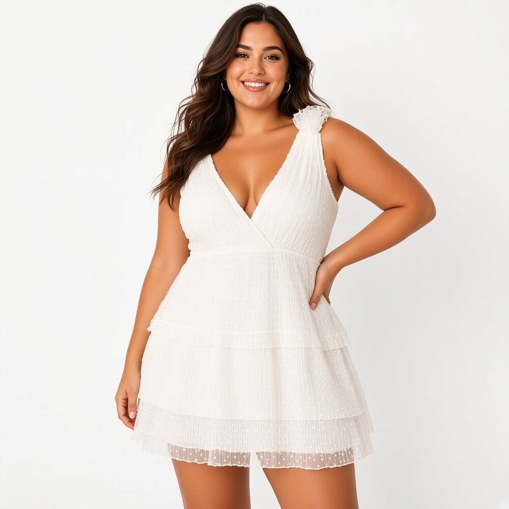 NWT White Swiss Dot Tulle Tiered Mini Dress 2X Bridal Coquette Fairy Angel VNeck